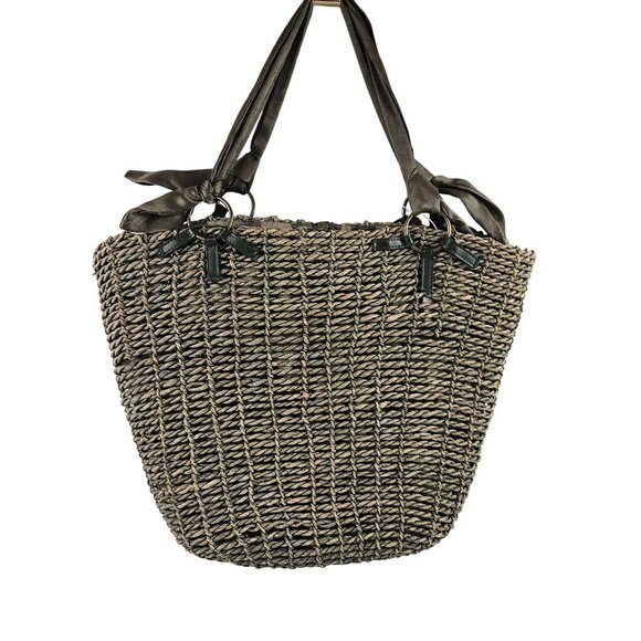 Reef Woven Cornhusk Tote Bag Green Satin Handles Camouflage Lining 2 Handles - Picture 1 of 11
